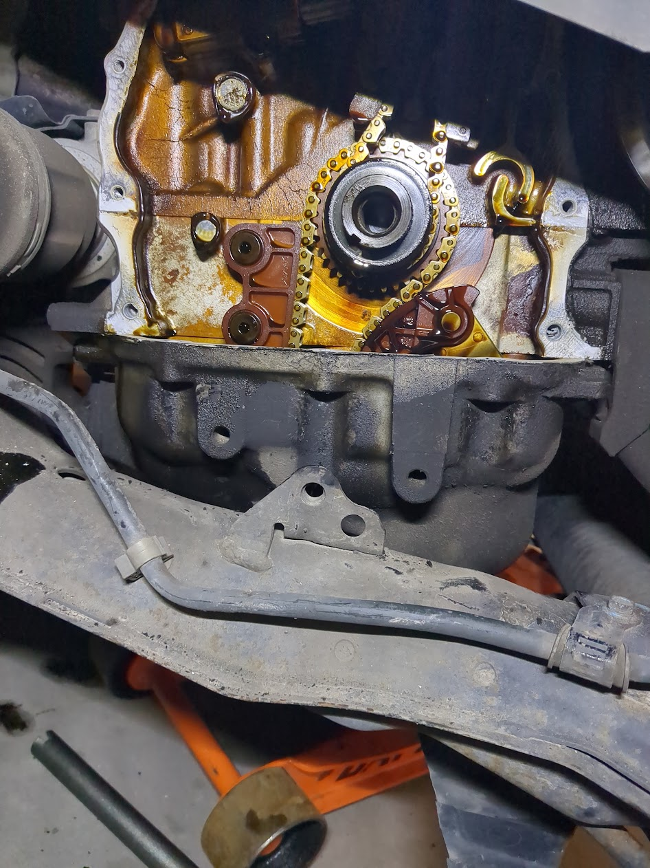 Timing cover removed, chain on sprocket with guides visible